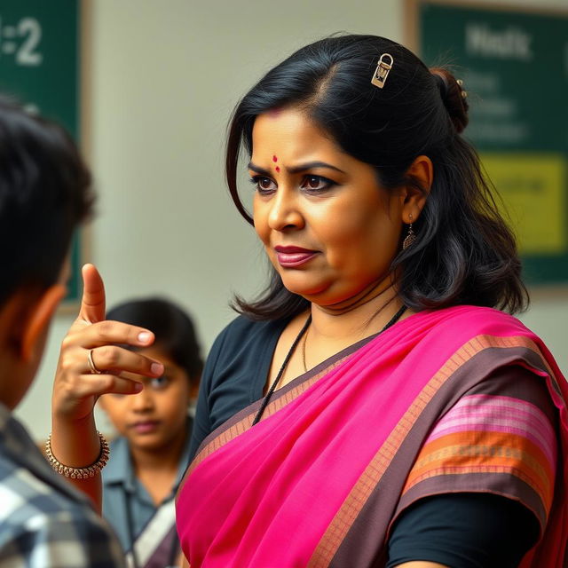 A hyper-realistic portrait of a South Indian school teacher, around 35 years old, wearing a vibrant pink saree with a contrasting black blouse