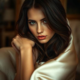 A sensual and artistic close-up of a beautiful woman with luscious hair and alluring eyes, draped in luxurious silky fabric that subtly accentuates her curves