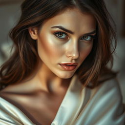 A sensual and artistic close-up of a beautiful woman with luscious hair and alluring eyes, draped in luxurious silky fabric that subtly accentuates her curves