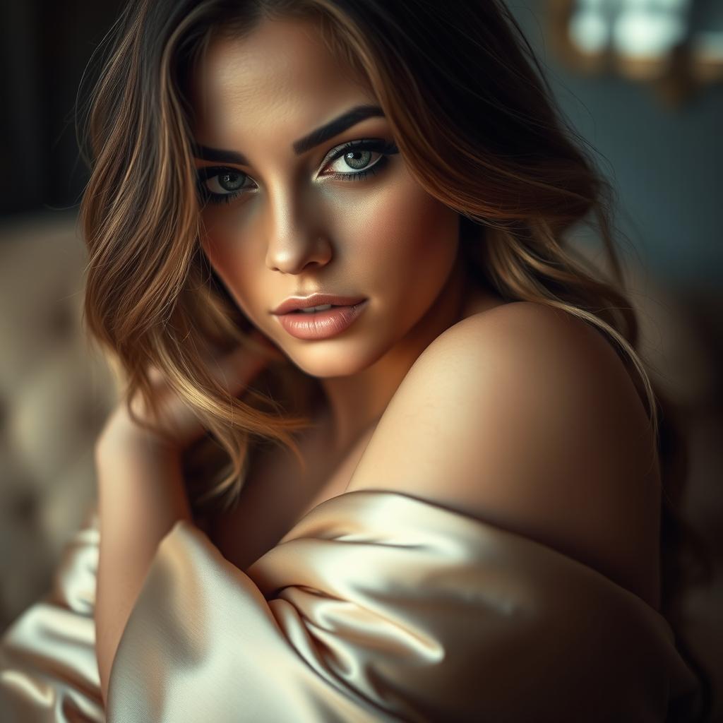 A sensual and artistic close-up of a beautiful woman with luscious hair and alluring eyes, draped in luxurious silky fabric that subtly accentuates her curves