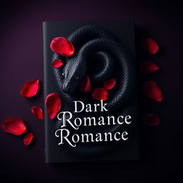 A dark romance book cover design that features an elegantly entwined black snake and vibrant red petals