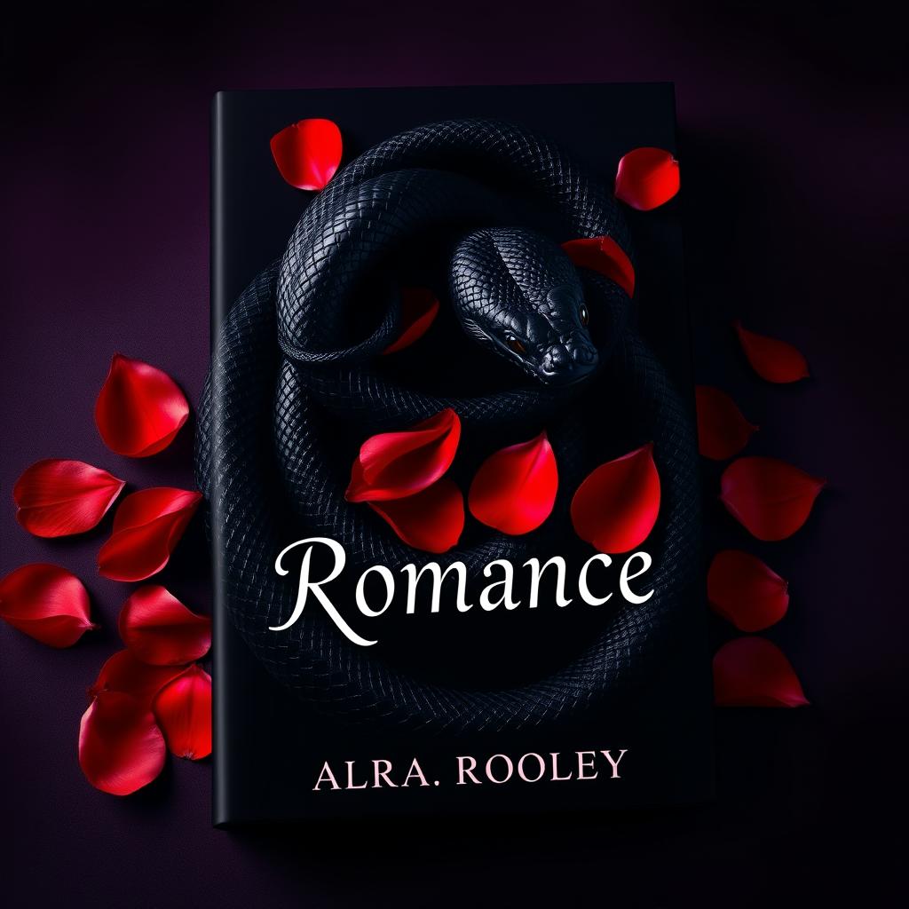 A dark romance book cover design that features an elegantly entwined black snake and vibrant red petals