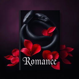 A dark romance book cover design that features an elegantly entwined black snake and vibrant red petals