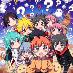 A vibrant anime scene depicting a group of diverse anime characters, each showing expressions of confusion and surprise