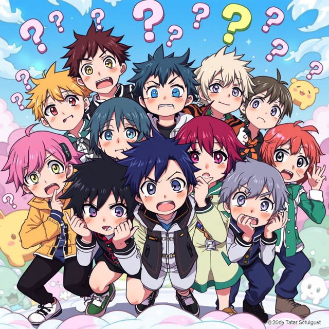 A vibrant anime scene depicting a group of diverse anime characters, each showing expressions of confusion and surprise