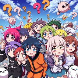 A vibrant anime scene depicting a group of diverse anime characters, each showing expressions of confusion and surprise