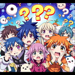 A vibrant anime scene depicting a group of diverse anime characters, each showing expressions of confusion and surprise
