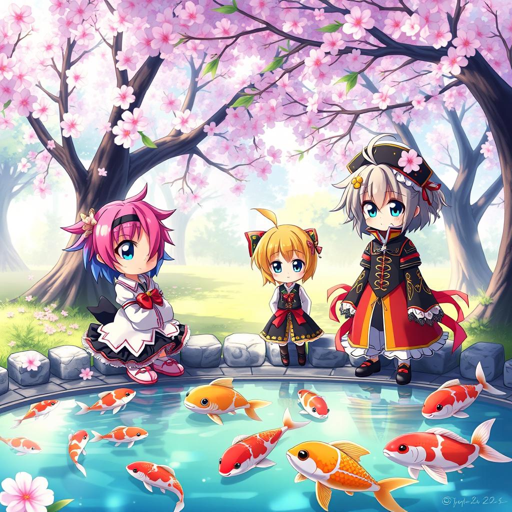 A vibrant and whimsical scene depicting a group of anime characters gathered in a picturesque park