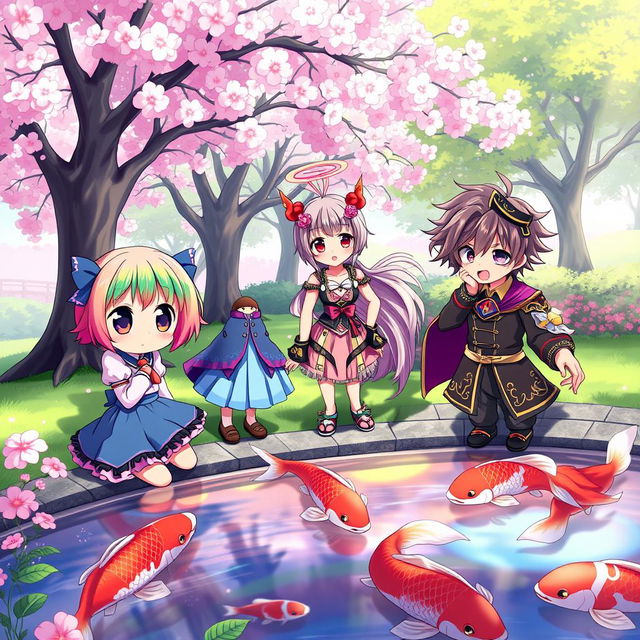 A vibrant and whimsical scene depicting a group of anime characters gathered in a picturesque park