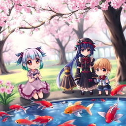 A vibrant and whimsical scene depicting a group of anime characters gathered in a picturesque park