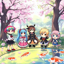 A vibrant and whimsical scene depicting a group of anime characters gathered in a picturesque park