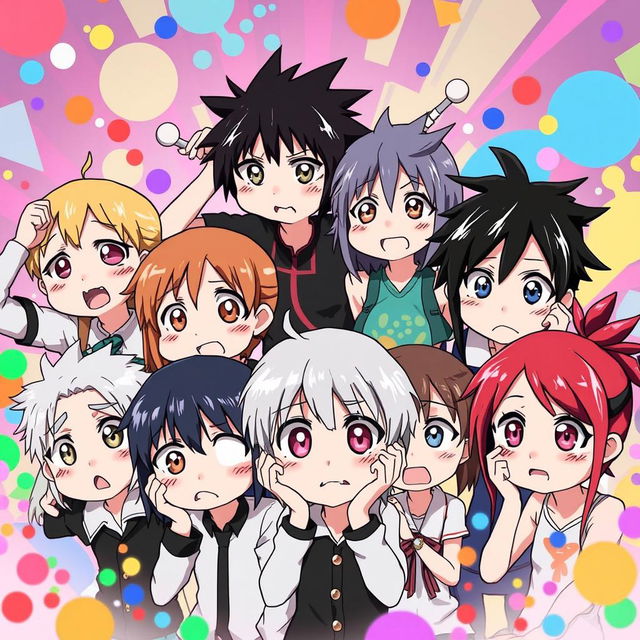 A group of anime characters, each displaying a different expression of confusion, set in a vibrant, dynamic background filled with abstract shapes and colors
