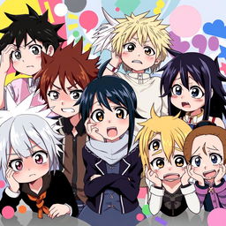A group of anime characters, each displaying a different expression of confusion, set in a vibrant, dynamic background filled with abstract shapes and colors