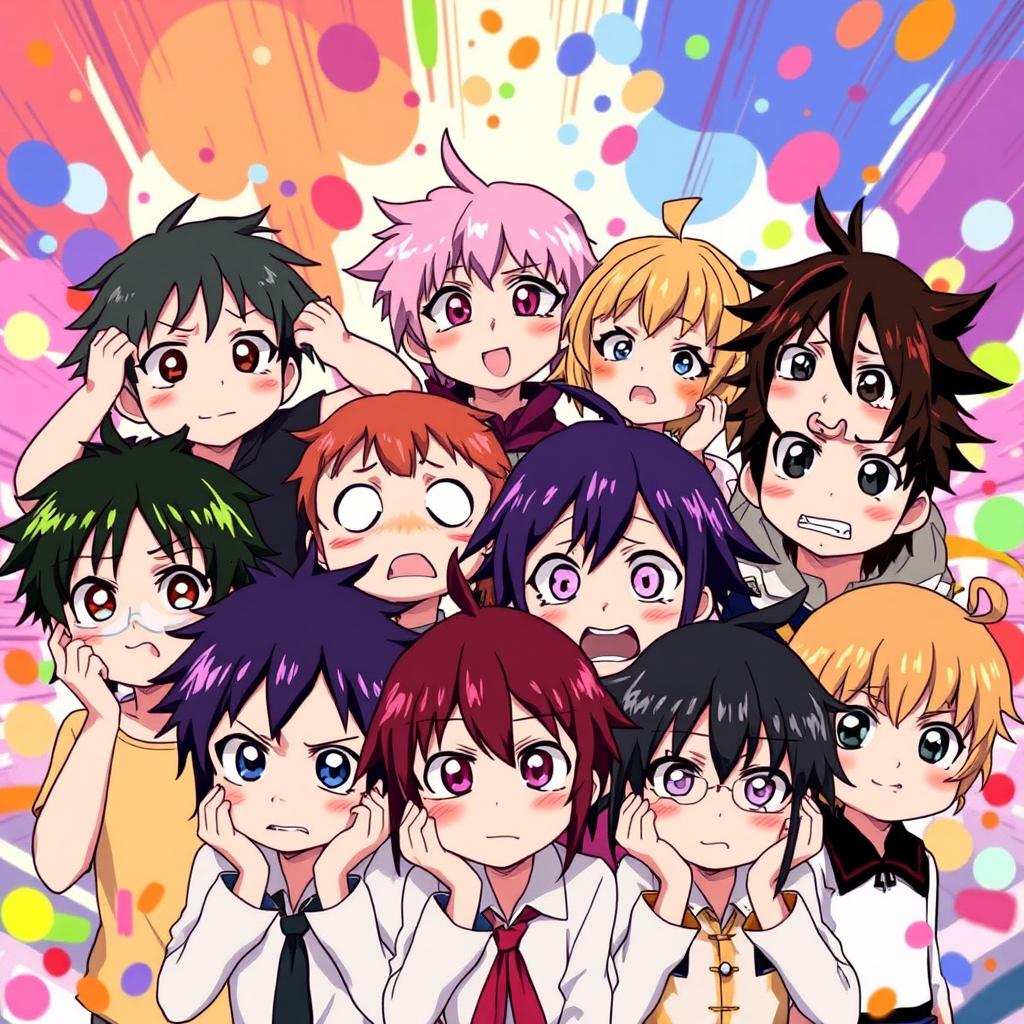 A group of anime characters, each displaying a different expression of confusion, set in a vibrant, dynamic background filled with abstract shapes and colors