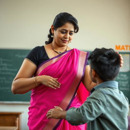 A beautiful 40-year-old Indian school teacher, tall with broad shoulders and thick arms, appears to be slapping a young man