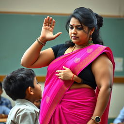 A beautiful 40-year-old Indian school teacher, tall with broad shoulders and thick arms, appears to be slapping a young man