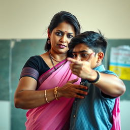 A stunning Indian school teacher in her 40s, displaying a commanding presence as she slaps a young man