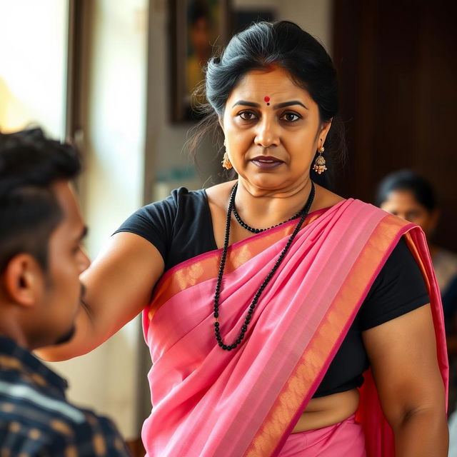 A stunning Indian school teacher in her 40s, displaying a commanding presence as she slaps a young man