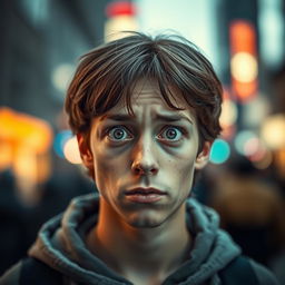 A portrait of a confused person with a puzzled expression, showcasing furrowed brows and wide eyes, standing in an urban environment
