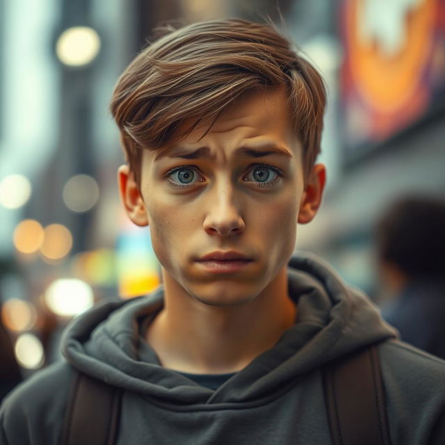 A portrait of a confused person with a puzzled expression, showcasing furrowed brows and wide eyes, standing in an urban environment