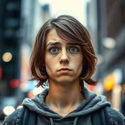 A portrait of a confused person with a puzzled expression, showcasing furrowed brows and wide eyes, standing in an urban environment