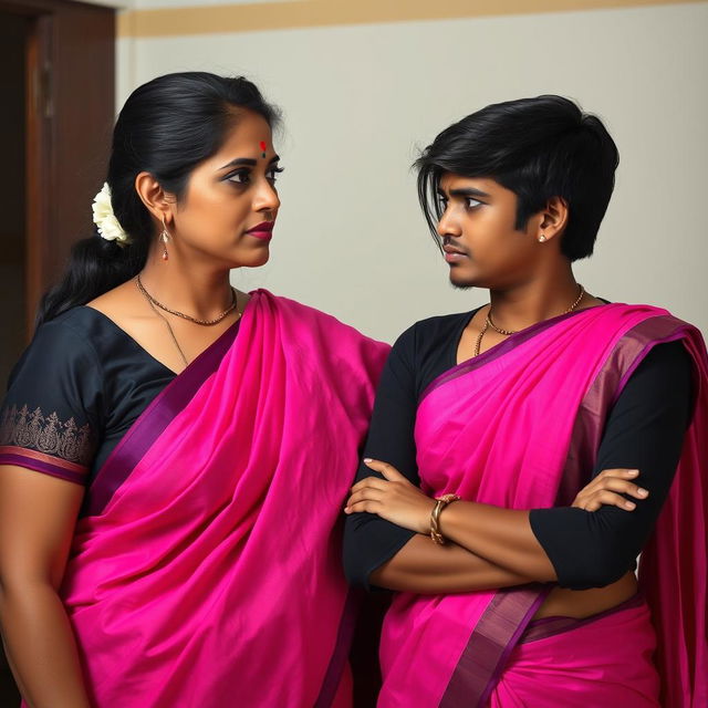 A beautiful 30-year-old Indian school teacher, tall and with a commanding presence, looking at her young male high school student