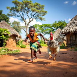 A lively scene depicting a young African village boy, with a joyful expression, running energetically across a dirt path in a traditional village setting