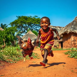 A lively scene depicting a young African village boy, with a joyful expression, running energetically across a dirt path in a traditional village setting