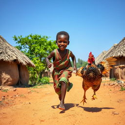 A lively scene depicting a young African village boy, with a joyful expression, running energetically across a dirt path in a traditional village setting