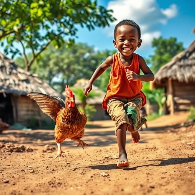 A lively scene depicting a young African village boy, with a joyful expression, running energetically across a dirt path in a traditional village setting