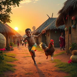 An African village scene depicting a joyful boy running after a hen during Christmas time