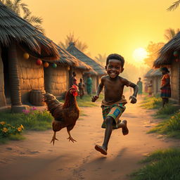 An African village scene depicting a joyful boy running after a hen during Christmas time