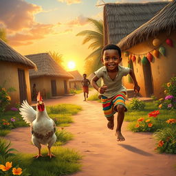 An African village scene depicting a joyful boy running after a hen during Christmas time