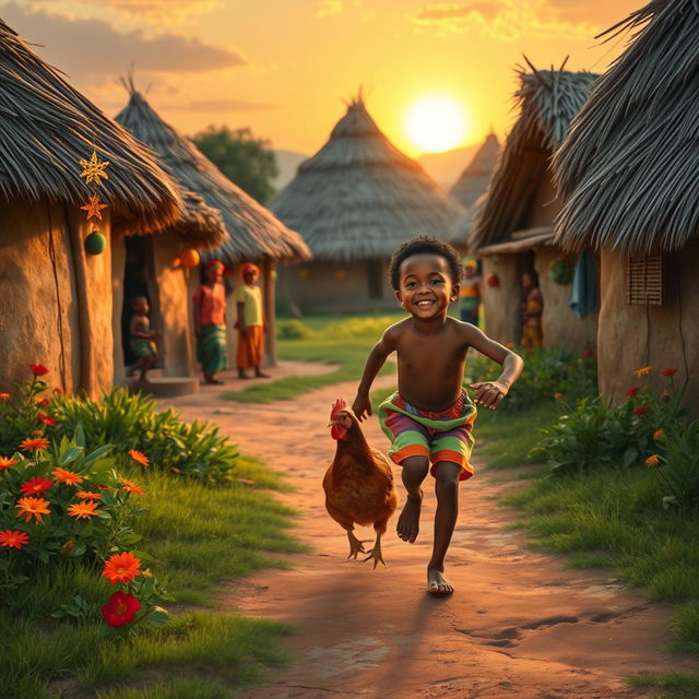 An African village scene depicting a joyful boy running after a hen during Christmas time