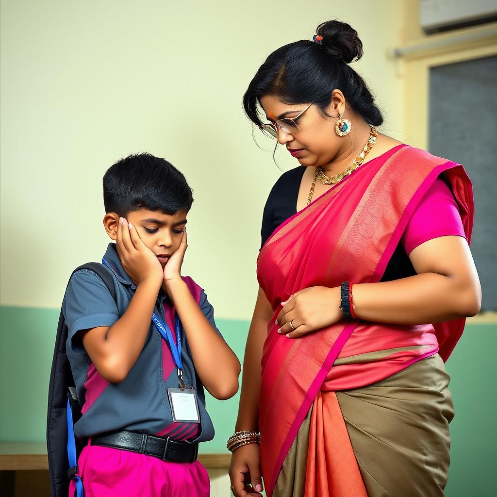 A 35-year-old Indian school teacher, exuding beauty and a commanding presence, is looking angrily at a young high school boy wearing a school uniform