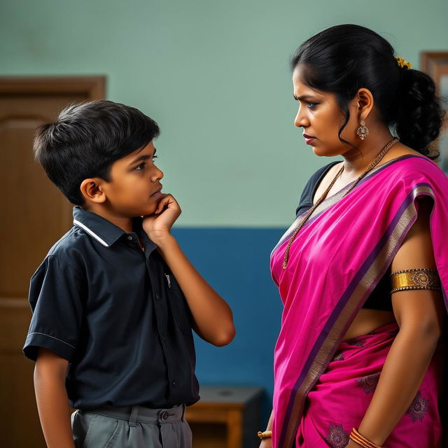 A 35-year-old Indian school teacher, exuding beauty and a commanding presence, is looking angrily at a young high school boy wearing a school uniform