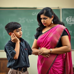 A 35-year-old Indian school teacher, exuding beauty and a commanding presence, is looking angrily at a young high school boy wearing a school uniform