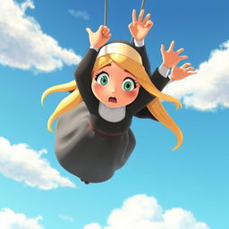 A beautiful blonde cartoon nun falling from the sky with a scared expression on her face