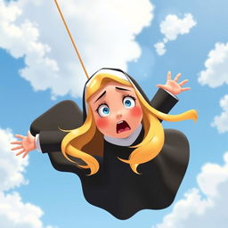 A beautiful blonde cartoon nun falling from the sky with a scared expression on her face