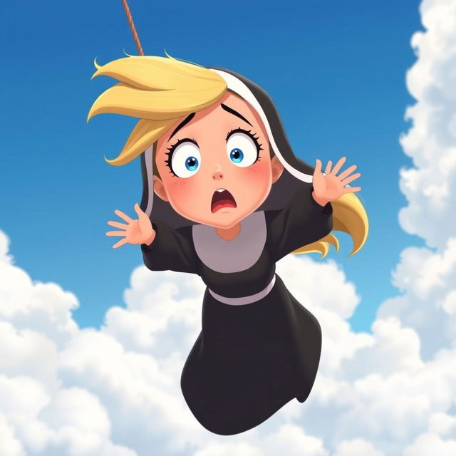 A beautiful blonde cartoon nun falling from the sky with a scared expression on her face