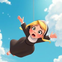 A beautiful blonde cartoon nun falling from the sky with a scared expression on her face