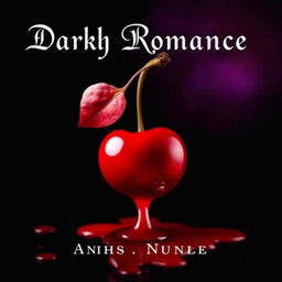 A dark romance novel cover featuring a single cherry draped in glistening red blood, evoking a sense of seductive danger