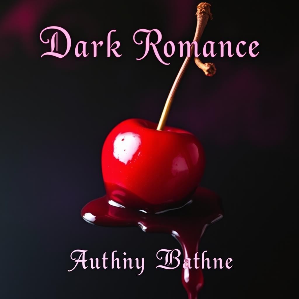 A dark romance novel cover featuring a single cherry draped in glistening red blood, evoking a sense of seductive danger