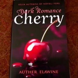 A dark romance novel cover featuring a single cherry draped in glistening red blood, evoking a sense of seductive danger