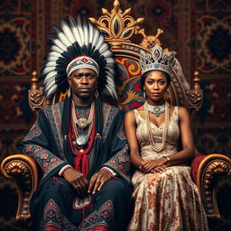 A majestic portrait of a beautiful Black Native American king and queen sitting side by side on an ornate, magnificent throne