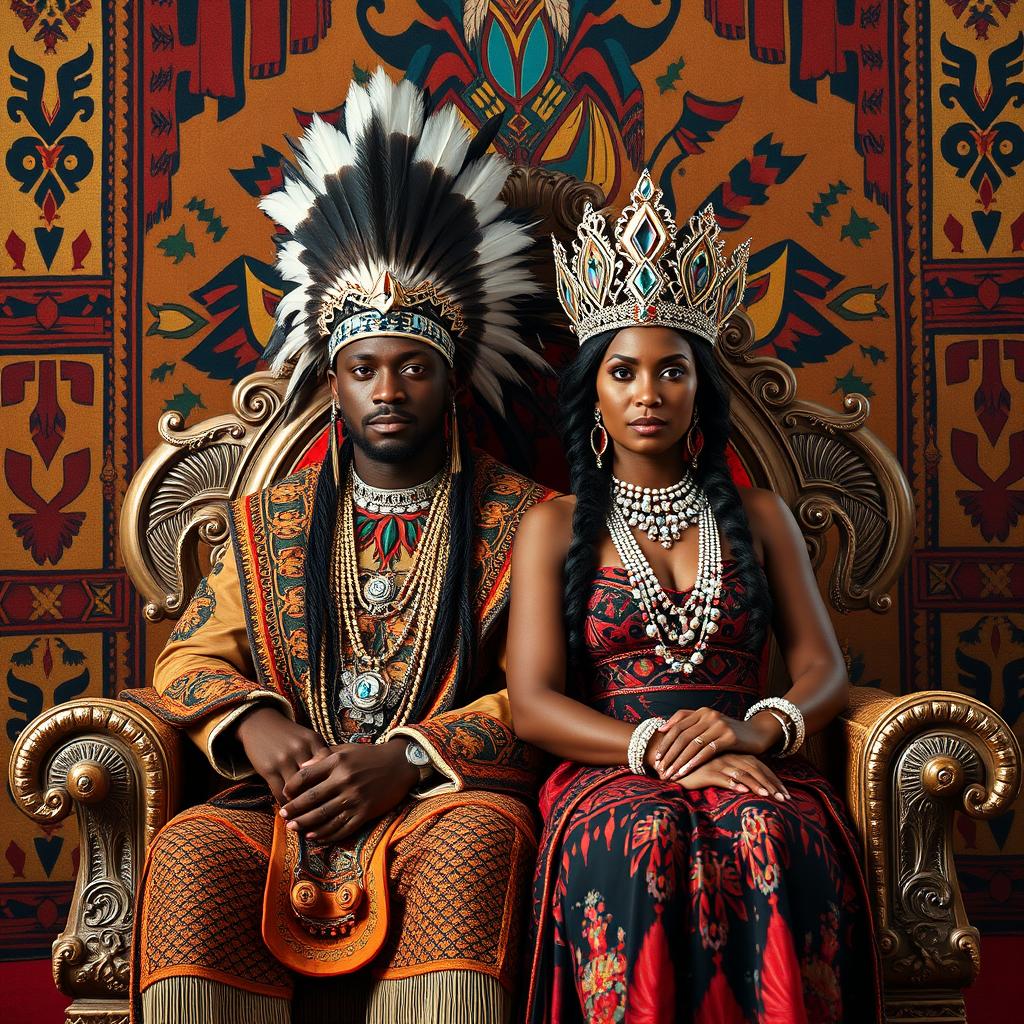 A majestic portrait of a beautiful Black Native American king and queen sitting side by side on an ornate, magnificent throne