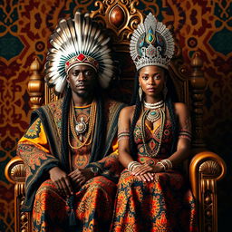 A majestic portrait of a beautiful Black Native American king and queen sitting side by side on an ornate, magnificent throne