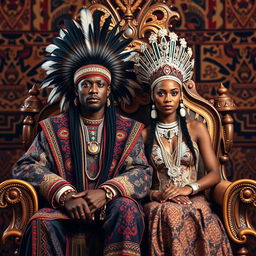 A majestic portrait of a beautiful Black Native American king and queen sitting side by side on an ornate, magnificent throne
