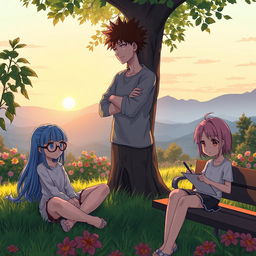 A group of anime characters in a serene and contemplative setting, deeply lost in their thoughts