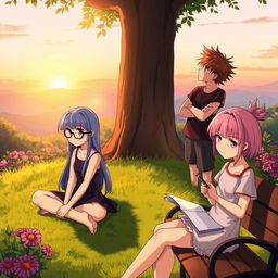 A group of anime characters in a serene and contemplative setting, deeply lost in their thoughts